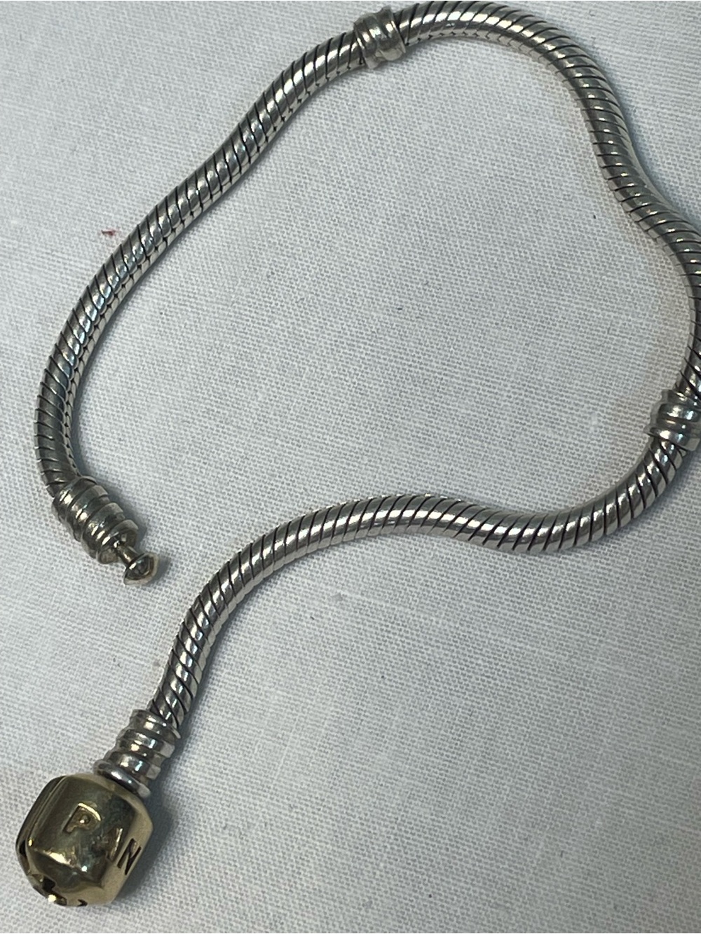 Pandora Sterling Silver Snake Chain Bracelet 14K Gold Clasp 7 Inches